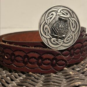 Brown Leather Belt with St. justin thistle Buckle (pewter)